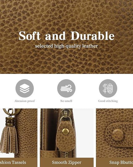 Blucoay Leather Wallet Women,RFID Blocking Small Wallet for Women Compact Card Holder Bifold Tassel Wallet Coin Purse With ID Window light khaki