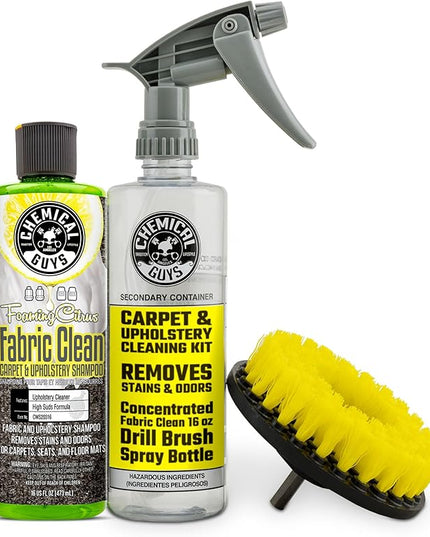 Chemical Guys Foaming Citrus Fabric Clean Drill Brush Kit - High Foaming Stain and Odor Remover, Upholstery, Floor Mat & Car Carpet Cleaner, Deep Cleans & Deodorizes, Citrus Scent - 16 fl oz