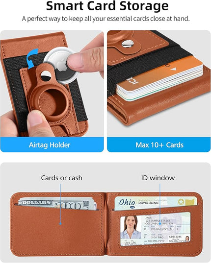 for Magsafe Wallet Stand with Airtag Holder, Strongest Magnetic Wallet for iPhone 17/16/15/14/13/12 Series, ID Window, 4 Card Slots, 10 Cards Holder, Vegan Leather, RFID Blocking, Brown