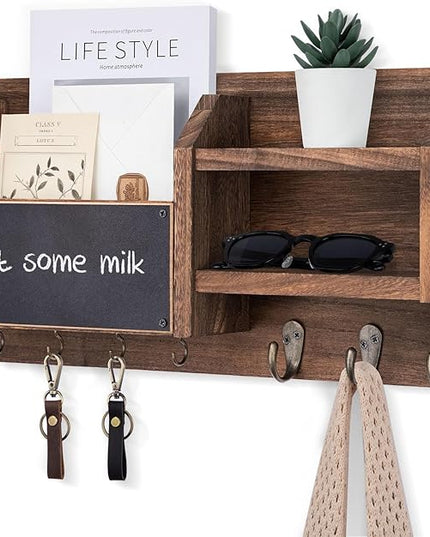 Lwenki Mail and Key Holder – Wall Mount Key Hanger with Shelf and 7 Metal Hooks – Decorative Natural Paulownia Wood Entryway Organizer with Mounting Hardware (16.5”W x 8.7”H x 3.5”D) (Brown)