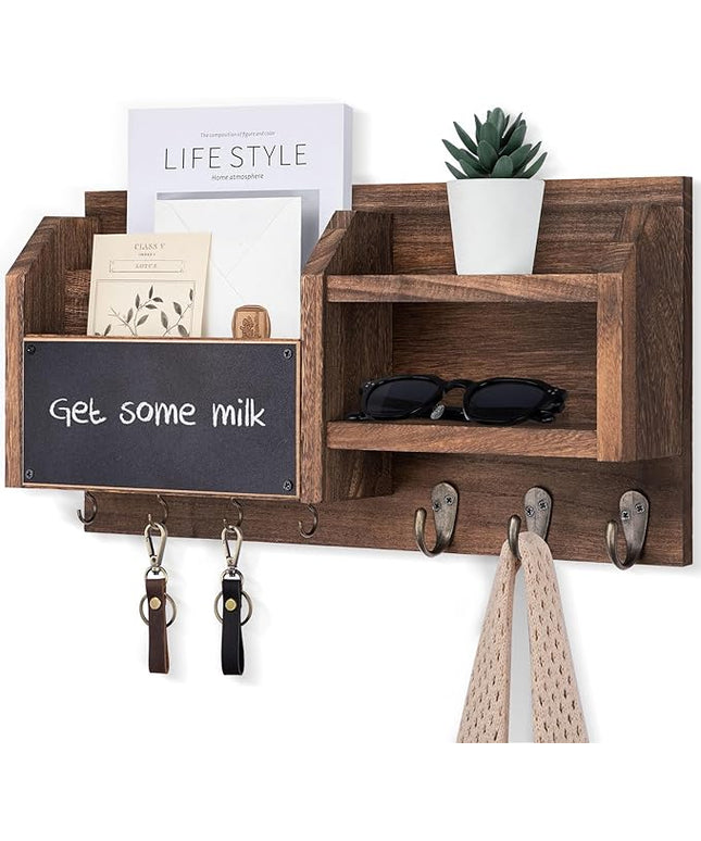 Lwenki Mail and Key Holder – Wall Mount Key Hanger with Shelf and 7 Metal Hooks – Decorative Natural Paulownia Wood Entryway Organizer with Mounting Hardware (16.5”W x 8.7”H x 3.5”D) (Brown)