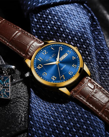 Men Dress Watch Waterproof Leather Watches for Men with Day Date Luxury Large Arabic Numerals Analog Quartz Classic Leather Watch Easy Read relojes para Hombres