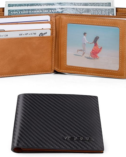 VISOUL Mens Carbon Fiber Leather Bifold Wallet with 2 ID Windows, RFID Blocking Stylish Wallet for Men with 2 Cash Compartments (Black+Yellow)