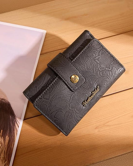 Montana West Small Black Wallet for Women Western Embossed Floral Wallet Trifold Credit Card Cash Wallets Ladies Female Travel Clutch Wallets with ID Window