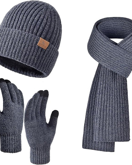 Men Women Winter Beanie Hats Scarf with Touchscreen Gloves Warm Knit Themal Gloves Long Scarf Set with Fleece Lined