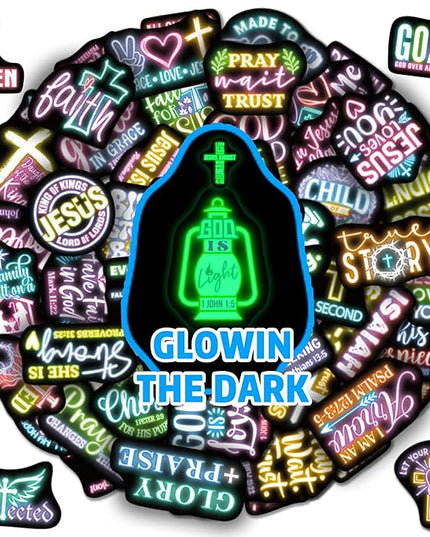 70 Pcs Glow in The Dark Neon Christian Bible Kids Stickers, Jesus Christ Faith Vinyl Waterproof Water Bottle Decals, Teens Adults Religious Christianity Christmas Thanksgiving Decor