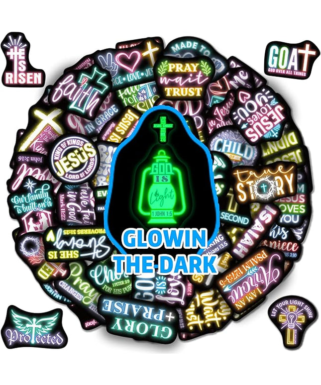70 Pcs Glow in The Dark Neon Christian Bible Kids Stickers, Jesus Christ Faith Vinyl Waterproof Water Bottle Decals, Teens Adults Religious Christianity Christmas Thanksgiving Decor