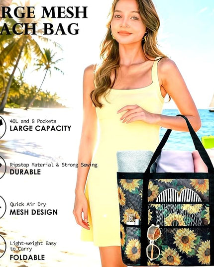 Mesh Beach Bag, Large Beach Tote with Zipper Pocket, Toys Pool Bag for Family Travel Vacation Cruise Essentials