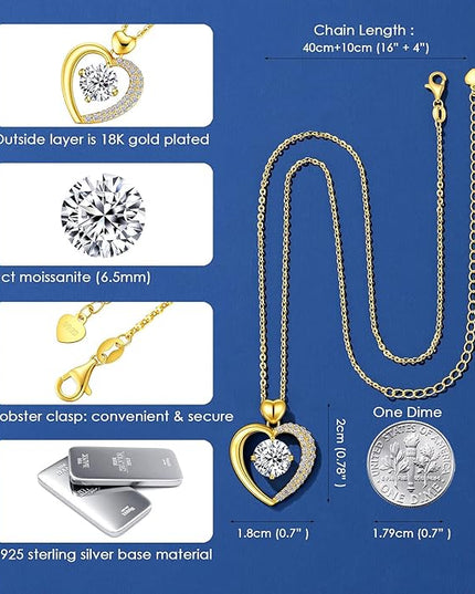 Beam & Bask Moissanite Heart Pendant Necklaces for Women, Engraved with LOVE, Sterling Silver Plated with 18K Gold, Anniversary and Birthday Jewelry for Wife, Girlfriend, Mom, or Her