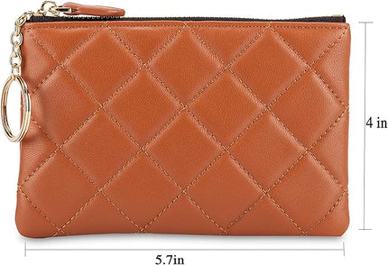 DORIS&JACKY Soft Lambskin Leather Coin Purse Small Quilted RFID Blocking Top Zipper Wallet With Key Chain