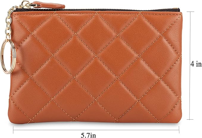 DORIS&JACKY Soft Lambskin Leather Coin Purse Small Quilted RFID Blocking Top Zipper Wallet With Key Chain