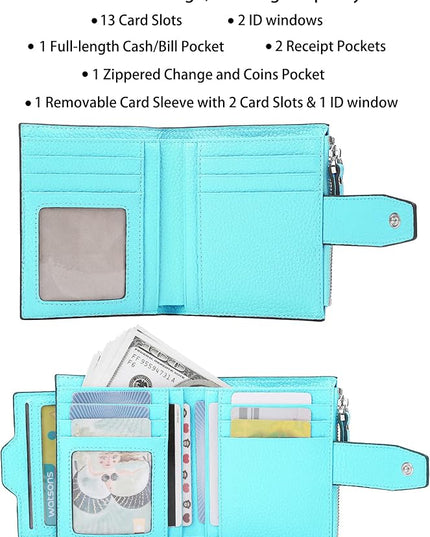 AINIMOER Women's RFID Blocking Leather Small Compact Bi-fold Zipper Pocket Wallet Card Case Purse with id Window