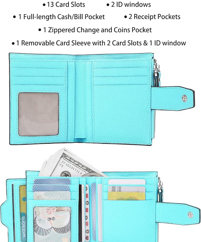 AINIMOER Women's RFID Blocking Leather Small Compact Bi-fold Zipper Pocket Wallet Card Case Purse with id Window