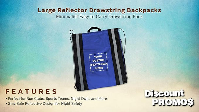 DISCOUNT PROMOS Custom Classic Polyester Drawstring Backpack Set of 10/50/100, Personalized Bulk Pack - Great for Travelling, Gym and for Everyday Use - Blue