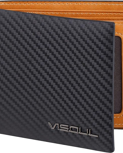 VISOUL Mens Carbon Fiber Leather Bifold Wallet with 2 ID Windows, RFID Blocking Stylish Wallet for Men with 2 Cash Compartments (Black+Yellow)