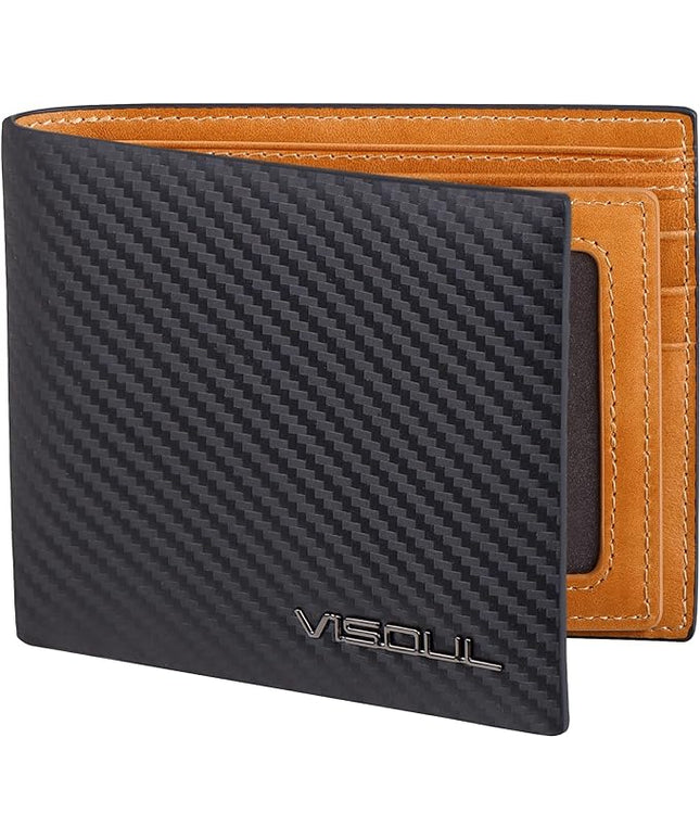 VISOUL Mens Carbon Fiber Leather Bifold Wallet with 2 ID Windows, RFID Blocking Stylish Wallet for Men with 2 Cash Compartments (Black+Yellow)