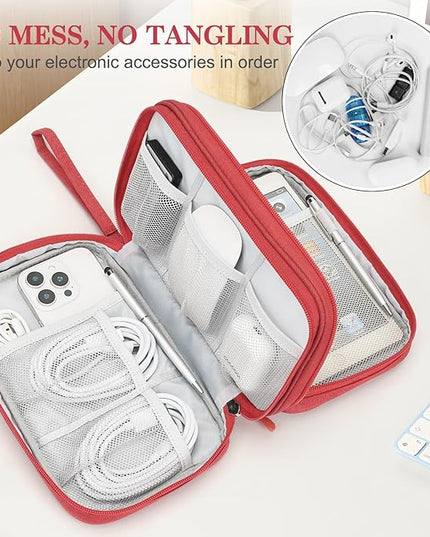 FYY Electronic Organizer, Large Travel Cable Organizer Bag Pouch Electronic Accessories Carry Case Portable Waterproof Double Layers All-in-One Storage Bag for Cable, Cord, Charger, Phone, Red