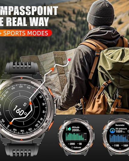 EIGIIS KE5 Military Smart Watch for Men with Flashlight SOS 3ATM Waterproof Watch 530mAh Big Battery 1.45" Rugged Tactical Smartwatch with Compass Elevation Barometer Fitness Watch for iPhone (Green)