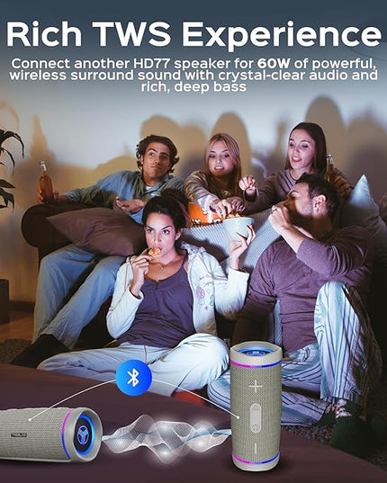 TREBLAB HD77 Bluetooth Speaker, 30W Portable Wireless Speaker with 360° Stereo Sound & Deep Bass, IPX7 Waterproof Outdoor Bluetooth Speaker, 20H Battery, TWS Pairing for Home, Beach, Pool, Camping