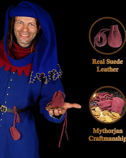 Mythrojan Small Trinket Pouches Suede Leather Drawstring Coin & Dice Bags for LARP, SCA, Viking & Medieval Events (Wine Red - Pack of 2)