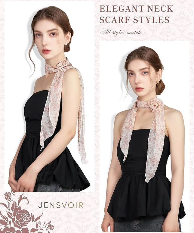 Chiffon Scarf for Women, Removable Flower Neck Scarf Light Soft Fashion Rose Scarves Versatile Headband or Hair Band