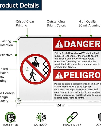 Danger Fall Or Crush Hazard Always Use The Level Mounted Bilingual Sign, 18x24 Inches, 3M EGP Reflective .080 Aluminum, Fade Resistant, Made in USA by My Sign Center