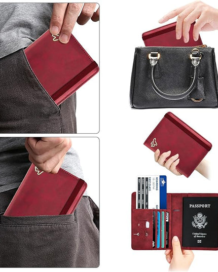 WALNEW Passport Holder for Travel, RFID Passport Cover Wallet for Women Men, PU Leather Passport Book Card Holder Case with Pen (Elastic Band Closure, C-Red)