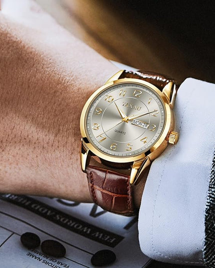 Men Dress Watch Waterproof Leather Watches for Men with Day Date Luxury Large Arabic Numerals Analog Quartz Classic Leather Watch Easy Read relojes para Hombres
