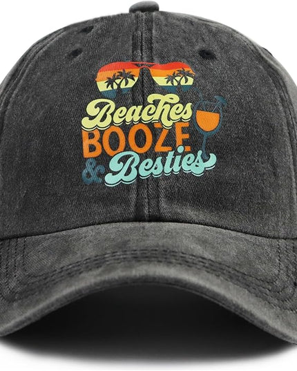 Beaches Booze & Besties Hat for Women, Vintage Adjustable Cotton Beach Baseball Cap