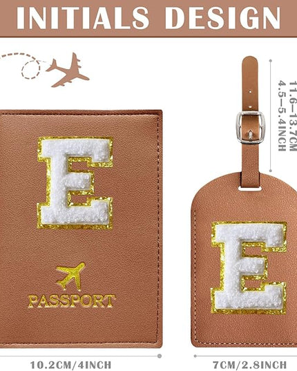 COSHAYSOO Brown Passport Cover and Luggage Tag Set TSA Approved with Her Initial Chenille Letter Patch for Big Little Girls Sister Daughter, Hawaii Travel Bag Backpack Suitcase Identifier (E)