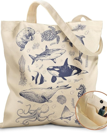 Aesthetic Tote Bag for Girls - with Magnetic Buckle and Zipper Inner Pocket for Women Lady Canvas Cotton Tote Bag