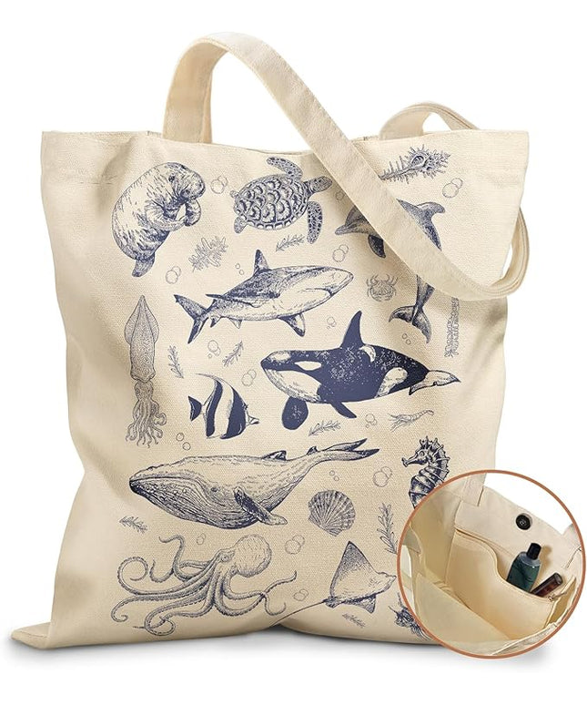 Aesthetic Tote Bag for Girls - with Magnetic Buckle and Zipper Inner Pocket for Women Lady Canvas Cotton Tote Bag
