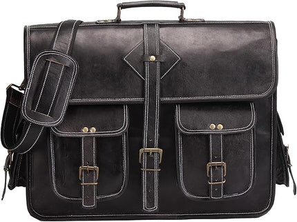 Vintage Leather Laptop Bag for Men Full Grain Large Leather Messenger bag for men 18 inches with rustic look Brown briefcase (Black)