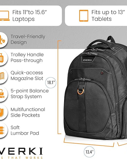 EVERKI Atlas 29.5L Business Laptop Backpack – Travel Backpack for Women & Men, Work/Travel Bag, Laptop Bag Fits 15.6-Inch, Backpack for Women, Men’s Laptop Bags – Black (EKP121S15)