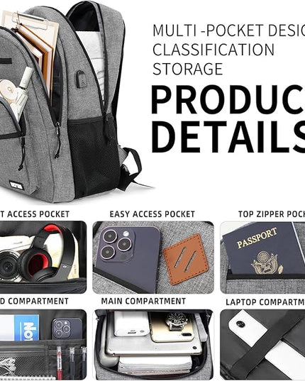 Classic Backpack for Men Women, School Backpack for Girls Boy Teens,15.6 Inch Laptop Bookbag with USB Charger for College High School Work Business Computer Back Pack,mochilas para hombres,Grey