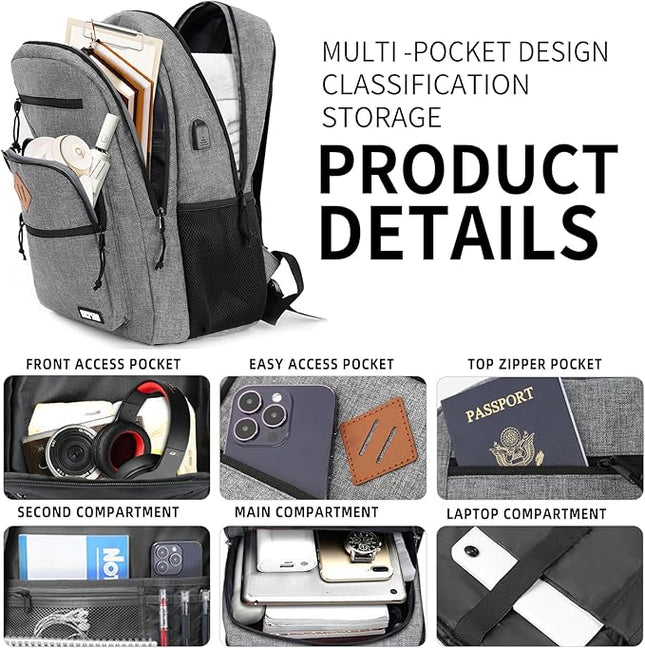 Classic Backpack for Men Women, School Backpack for Girls Boy Teens,15.6 Inch Laptop Bookbag with USB Charger for College High School Work Business Computer Back Pack,mochilas para hombres,Grey