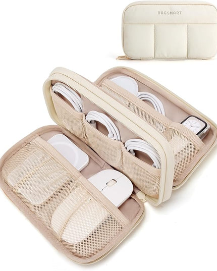 BAGSMART Electronics Organizer Travel Case, Cord Storage for Chargers Cables Phones, Compact Tech Accessories Pouch, Beige