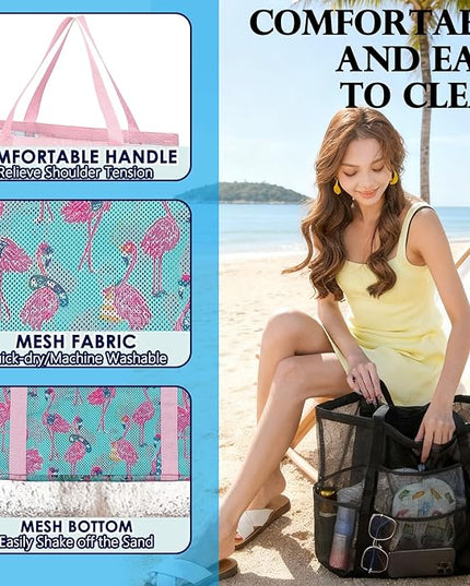 Mesh Beach Bag, Large Beach Tote with Zipper Pocket, Toys Pool Bag for Family Travel Vacation Cruise Essentials