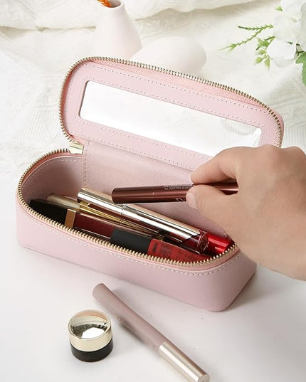 Aveniee Clear Makeup Brush Bag, Slim Cosmetic Brush Holder, small Toiletry Bag Mini Travel Case for Women, Thin Make up Bags with Dual Zipper, Cute Travel Essentials Organizer,Pink