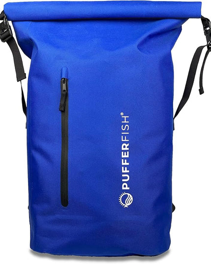 PUFFERFISH Super Sand Bag - Waterproof Roll-Top Beach Backpack, Padded Back and Straps, Multiple Pockets, Recycled Plastic, 35L, Blue