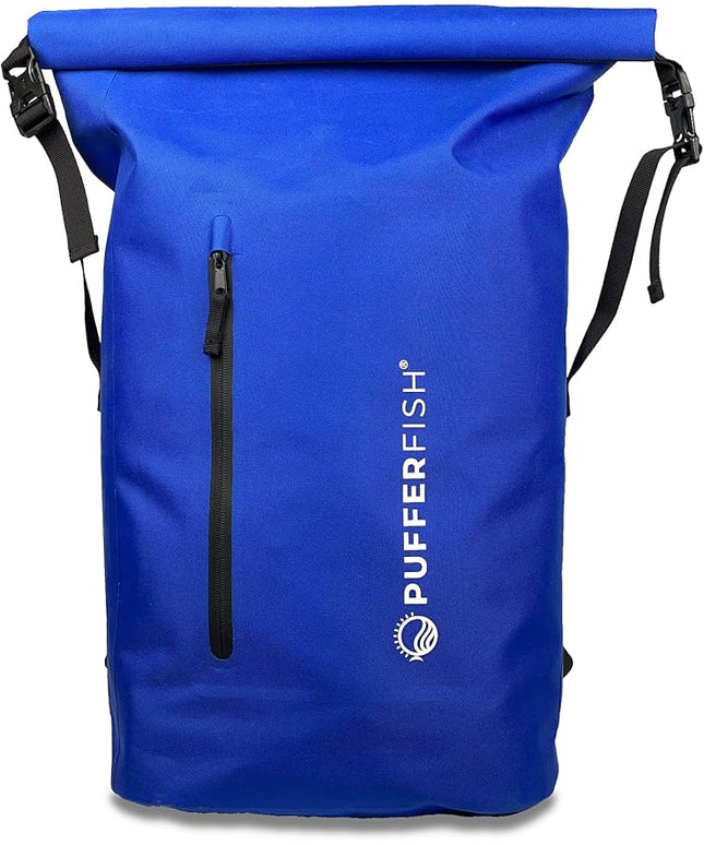 PUFFERFISH Super Sand Bag - Waterproof Roll-Top Beach Backpack, Padded Back and Straps, Multiple Pockets, Recycled Plastic, 35L, Blue