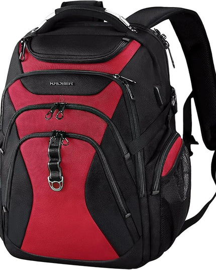 KROSER Travel Laptop Backpack 18.4 Inch XXXL Gaming Backpack with Hard Shell Saferoom RFID Pockets Water-Repellent Business College Daypack Stylish Laptop Bag for Men/Women-Black Red