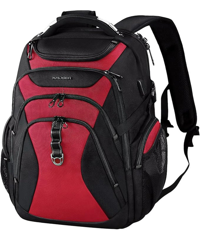 KROSER Travel Laptop Backpack 18.4 Inch XXXL Gaming Backpack with Hard Shell Saferoom RFID Pockets Water-Repellent Business College Daypack Stylish Laptop Bag for Men/Women-Black Red