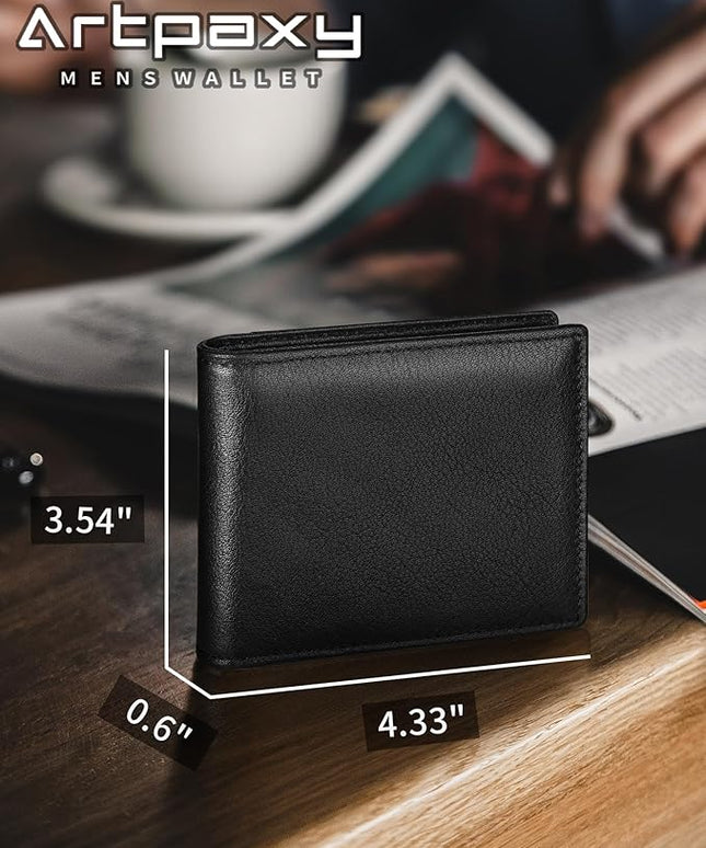 Artpaxy Mens Wallet Genuine Leather Bifold RFID Blocking Wallet for Men with 1 ID Window 13 Card Holders 2 cash pockets 1 Gift Box