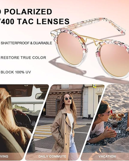 CARFIA Small Face Acetate Polarized Sunglasses for Women UV Protection, Retro Double Bridge Eyewears Metal Brow Round Sunnies