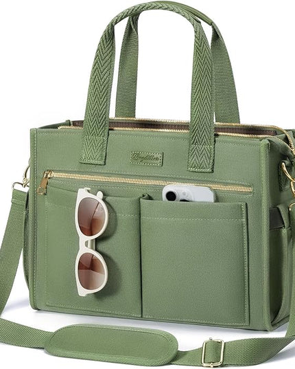 Canvas Tote Bag for Women, 15-Pockets Work Laptop Tote Purse Large Crossbody Nurse Teacher Bible Bag for School Travel Daily | with Strap & Zipper, Multi Compartment, Stand Upright Stably, College Shoulder Bag, Clinical Nursing Bag, Ideal Gift for Women