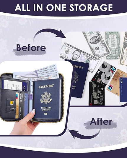 Passport Holder, Passport Holder For Travel, Passport Cover For Travel Essentials, Passport Wallet Cover RFID Blocking, Cute Passport Book for Women and Men, Navy Blue Flowers