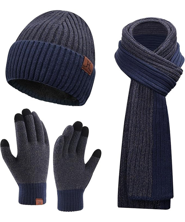 FZ FANTASTIC ZONE Mens Winter Knit Hat Beanie Long Neck Scarf Touchscreen Gloves Set Fleece Skull Caps Gifts for Men Women