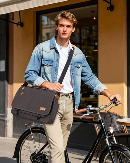 ESTARER Computer Messenger Bag 15-15.6 inch, Water-resistant Canvas Work Bag Briefcase, Laptop ShoulderSatchel with Buckles, Grey