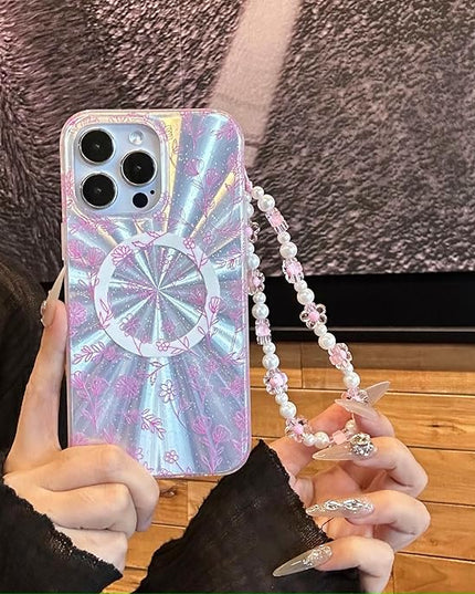 Compatible with iPhone 15 Pro Cases,Cute Flower Phone case with Floral Pearl Chain,Compatible MagSafe Silicone Shockproof Phone case for Women and Teenage Girls.